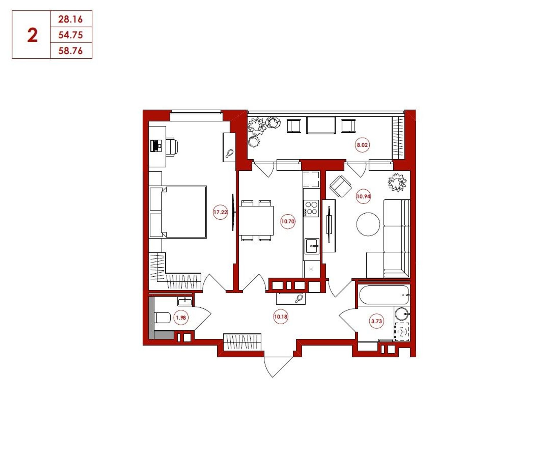 Двухкомнатная квартира 59 м2