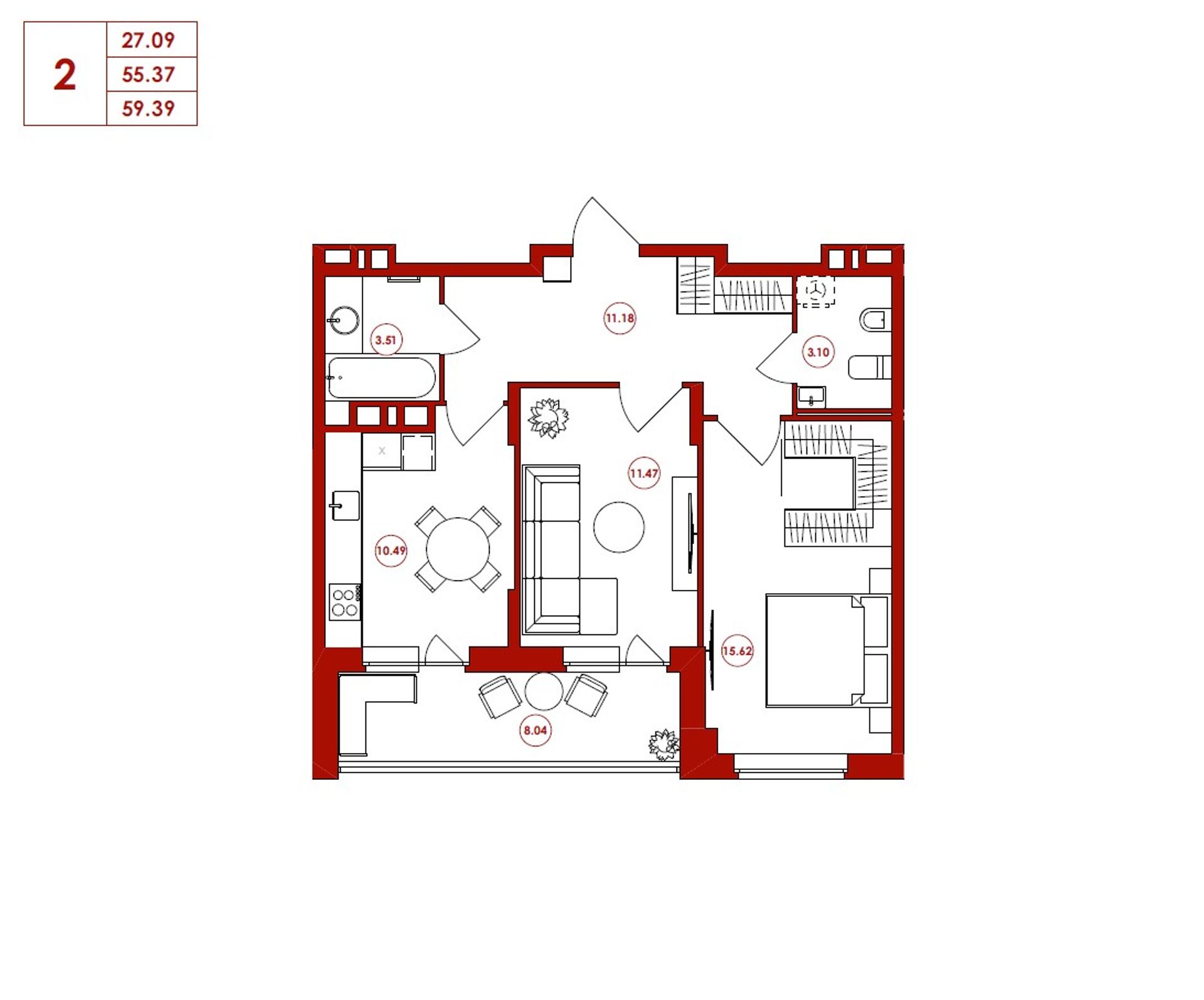 Двухкомнатная квартира 59,5 м2